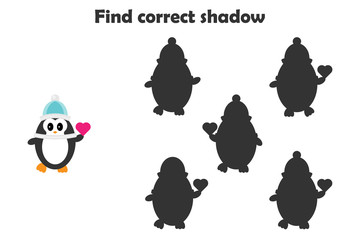 Find the correct shadow game for children, penguin in cartoon style, education game for kids, preschool worksheet activity, task for the development of logical thinking, vector illustration