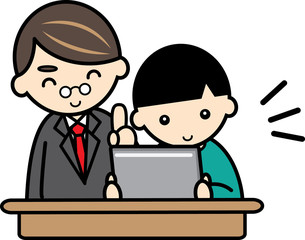 タブレットを見る男の子と先生