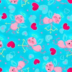 Wedding and Valentines Day day seamless texture with lovely cupids and hearts. Vector illustration