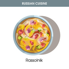 Nutritious Rassolnik in deep bowl from Russian cuisine
