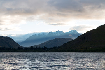 Image of New Zealand Lake Hayes Queenstown landscape mountain panorama at sunset printed on Printed Glass Splashbacks