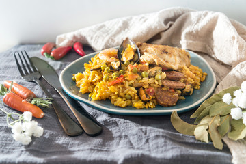 Prawn with rice - closeup of prawn with rice - traditionnal spanish food paella