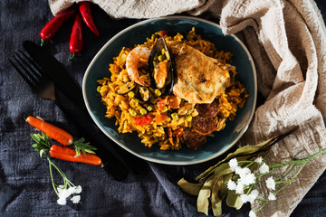 Prawn with rice - closeup of prawn with rice - traditionnal spanish food paella
