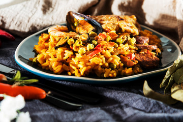 Prawn with rice - closeup of prawn with rice - traditionnal spanish food paella
