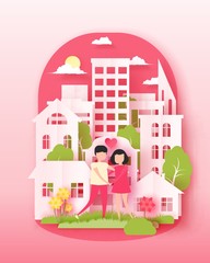 Happy Valentine's day 3d abstract paper cut illustration of colorful paper art landscape with paper cut couple, big city