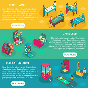 Game rooms vector flat 3d isometric illustration banners