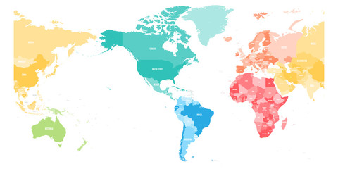 Fototapeta premium Colorful political map of World divided into six continents and focused on Americas. Blank vector map in rainbow spectrum colors.