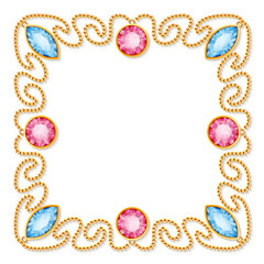 Decorative frame with golden chains and gemstones. Luxury invitation or greeting card template. Vector Illustration.