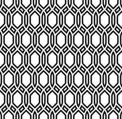 Seamless pattern with openwork shapes. Hexagonal abstract and modern network for background, wallpaper, lining or upholstery. Editable monochromatic wallpaper made of lines and cells.