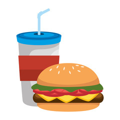 beverage in plasttic cup with burger vector illustration design