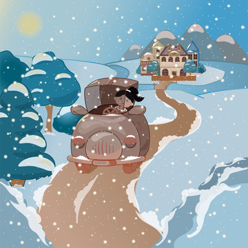 Winter snow landscape with a cartoon girl in a car vector illustration, card