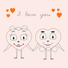 Greeting card with the image of two hearts holding the hand of, birthday, Valentine's day, love, line, vector illustration.