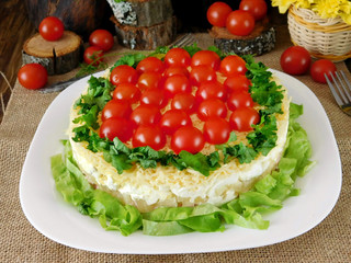 Layered salad decorated with cherry tomatoes and lettuce leaves on a white plate