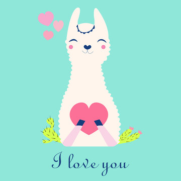 Postcard with the image of a white llama holding a heart, birthday, day of all lovers, vector illustration.