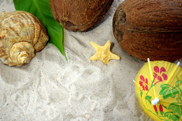 Seashells, coconuts and cocktail umbrella are framing copy space on beach sand. Summer holiday concept