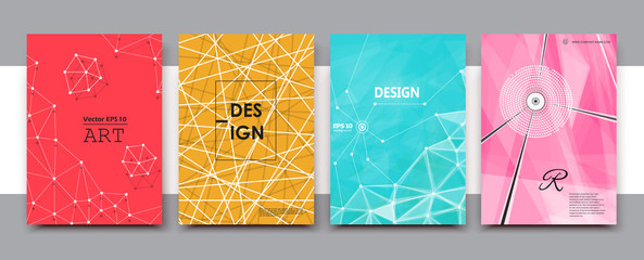 Bright colored book binder. Brochure cover design. Title sheet model set. Modern front page art. Red, yellow, green, purple info board. Dots, lines plexus, circle, triangles icon. Ad flyer text font