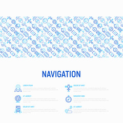 Navigation and direction concept with thin line icons set: pointer, compass, navigator on tablet, traffic light, store locator, satellite. Modern vector illustration for banner, print media, web page.