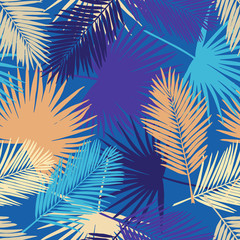 Fototapeta na wymiar Seamless floral pattern with stylized fan and silk palm leaves. Jungle foliage, lilac and yellow hues on blue background. Textile design.
