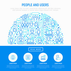 People and users concept in half circle with thin line icons: management, communication, human resources, teamwork, candidate. Modern vector illustration, web page template.