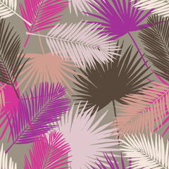 Seamless floral pattern with stylized fan and silk palm leaves. Jungle foliage, pink hues on taupe background. Textile design.
