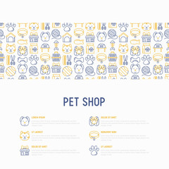 Pet shop concept with thin line icons: cat, dog, collar, kennel, grooming, food, toys. Modern vector illustration, web page template.