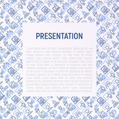 Presentation concept with thin line icons: seminar, human at tribune, meeting, projector , audience, video call, conference, discussion. Modern vector illustration for banner, print media, web page.