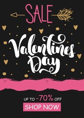 Valentine's day sale banner or poster template with modern calligraphy. Vector illustration of hearts
