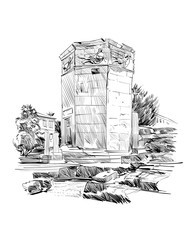 Tower of the Winds. Roman Agora. Athens. Greece. Europe. Hand drawn sketch. Vector illustration.