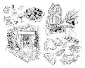 National Greek cuisine. Cafe, restaurant. Hand drawn vector sketch. Design food illustration. Athens. Greece. Europe.
