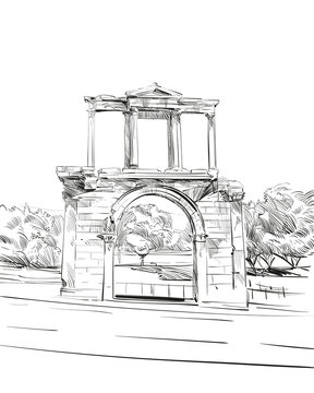 Arch of Hadrian. Athens. Greece. Europe. Hand drawn sketch. Vector illustration.