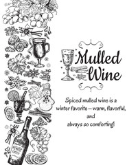 Hand drawn mulled wine vector poster. Black and white sketch with wine glass. Menu cards design templates in retro vintage style on white background