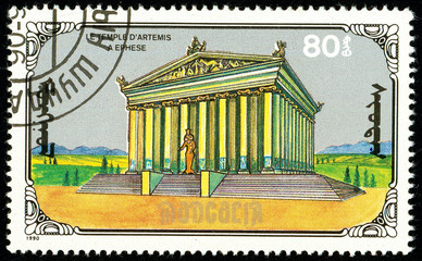 Ukraine - circa 2018: A postage stamp printed in Mongolia show Temple of Artemis. Series: 7 Wonders...