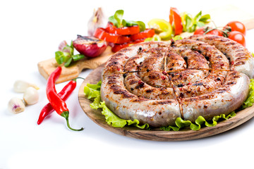 sausage ringlet, barley with vegetables, grill, pepper, grill bars, fire