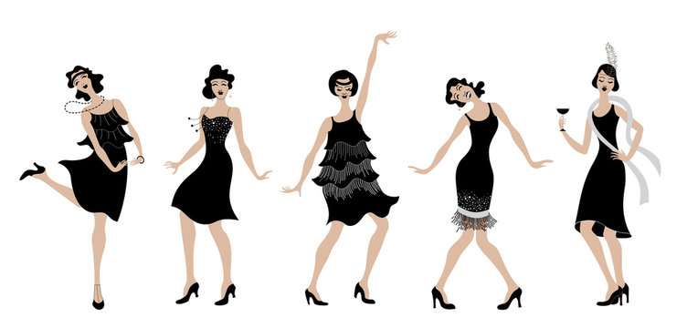 Charleston Party.black dress dancing girls  silhouette .Gatsby style set. Group of retro woman dancing charleston.Vintage style. retro silhouette dancer.1920 party vector background.Swing dance girl