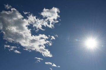 太陽と青空と雲「空想・雲のモンスター（熱で分解されるモンスターたちなどのイメージ）」分解される、解体される、バラバラ、熱中症、暑いなどのイメージ