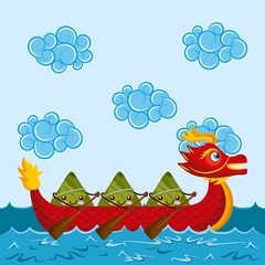 cartoon happy rice dumplings paddling red dragon boat vector illustration