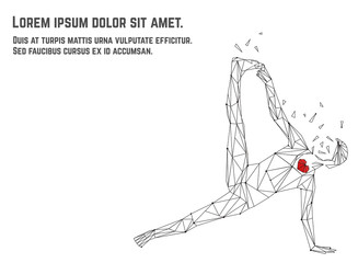 Vector illustration of woman practicing yoga asana made from polygon and dots technic. Red heart inside. Concept of hard everyday practice