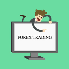Cheerful businessman shows on the screen. Business illustration with description:forex trading