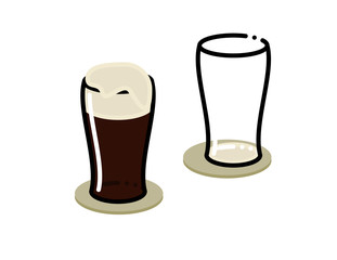 Two stout glasses. One empty, one full of irish beer with scum. Isolated on white background flat line art style.