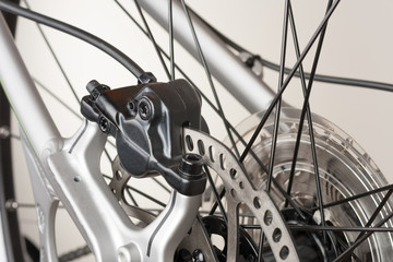 Obraz premium Hydraulic rear disc brake of mountain bike, close up view