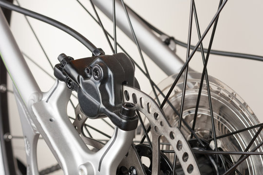 Hydraulic rear disc brake of mountain bike, close up view