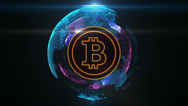 Animation of abstract dotted earth globe with bitcoin cryptocurrency sign. Design element for banner, news posts, social media decoration.