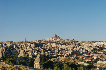 Aerial view of city and fairy chimneys, Cappadocia, Turkey