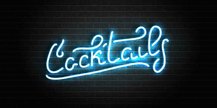 Vector realistic isolated neon sign of cocktail for decoration and covering on the wall background. Concept of night club and bar.