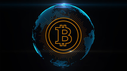 Abstract dotted earth globe with bitcoin cryptocurrency sign. Design element for banner, news posts, social media decoration.