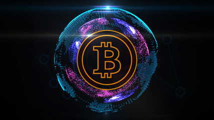 Abstract dotted earth globe with bitcoin cryptocurrency sign. Design element for banner, news posts, social media decoration.