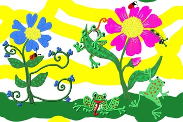 Frogs are enjoying a flower garden full of good things to eat. This is a repeat pattern.