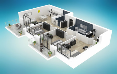 Floor plan of a house top view 3D illustration. Open concept living appartment layout