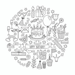 Birthday party doodle icons vector set