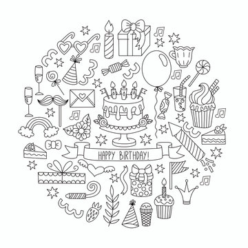 Birthday party doodle icons vector set
